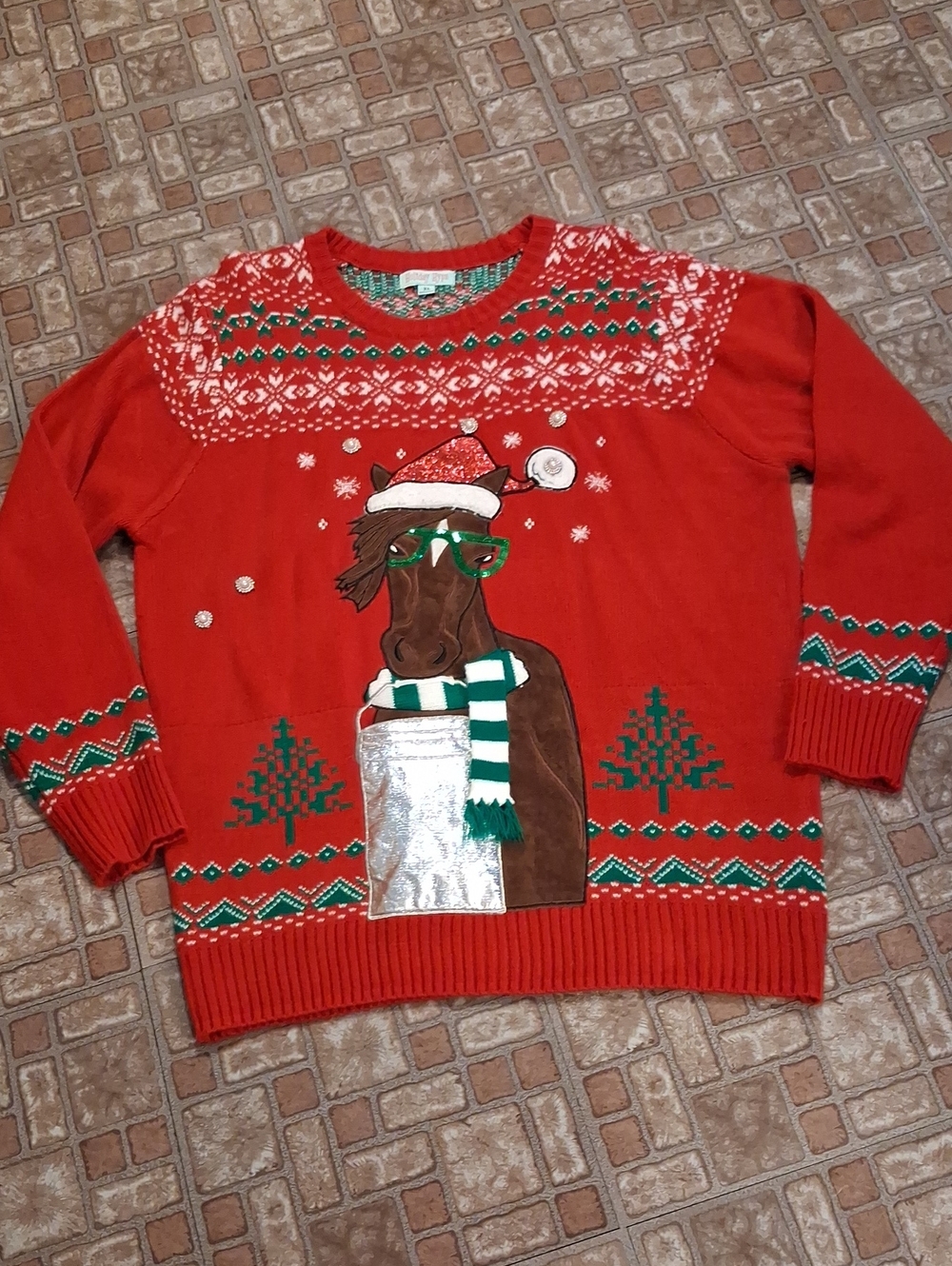 Women's Red Crewneck Holiday Horse Graphic Sweater Size Xlarge
